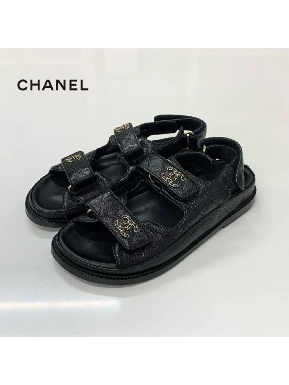 Chanel CC Logo Quilted Leather Chain Velcro Sandals Black